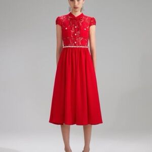 Self-Portrait Red Lace Midi Dress with Crystal Belt